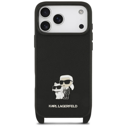 Deksel til Apple iPhone 18 Pro Max / 17 Pro Max, Karl Lagerfeld, Saffiano Crossbody Metal Pin Karl & Choupette, svart