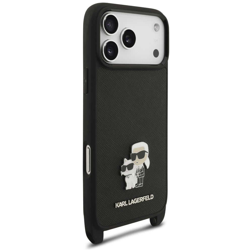 Deksel til Apple iPhone 18 Pro Max / 17 Pro Max, Karl Lagerfeld, Saffiano Crossbody Metal Pin Karl & Choupette, svart