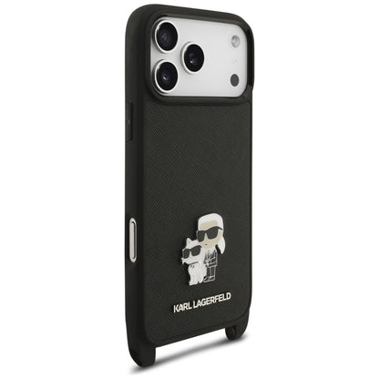 Deksel til Apple iPhone 18 Pro Max / 17 Pro Max, Karl Lagerfeld, Saffiano Crossbody Metal Pin Karl & Choupette, svart