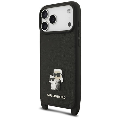 Deksel til Apple iPhone 18 Pro Max / 17 Pro Max, Karl Lagerfeld, Saffiano Crossbody Metal Pin Karl & Choupette, svart