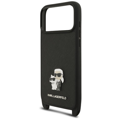 Deksel til Apple iPhone 18 Pro Max / 17 Pro Max, Karl Lagerfeld, Saffiano Crossbody Metal Pin Karl & Choupette, svart