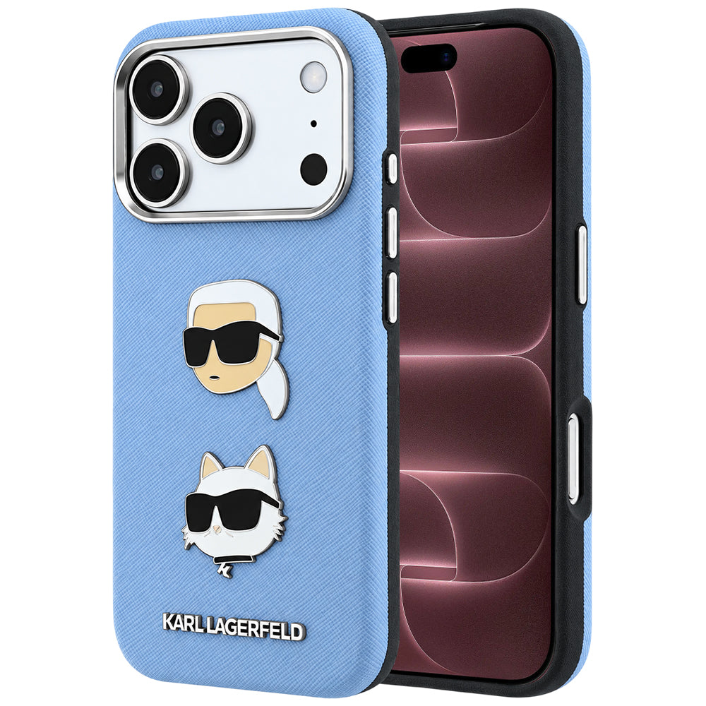 Deksel for Apple iPhone 18 Pro Max / 17 Pro Max, Karl Lagerfeld, Saffiano med Karl & Choupette-hodepinne og logo, blå