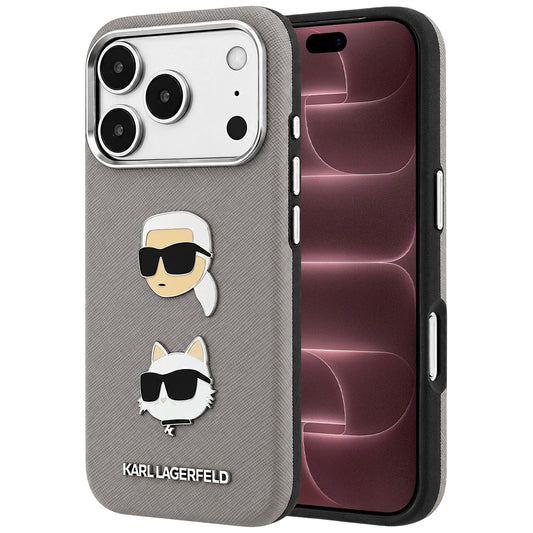 Deksel til Apple iPhone 18 Pro Max / 17 Pro Max, Karl Lagerfeld, Saffiano med Karl & Choupette Head's Pin and Logo, grå