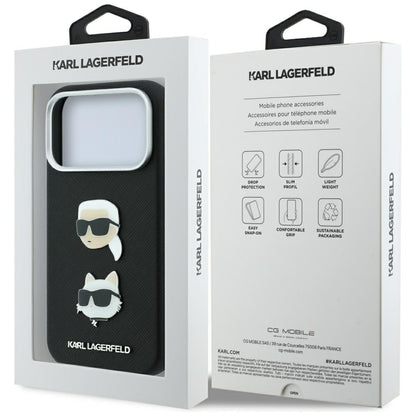Deksel for Apple iPhone 18 Pro Max / 17 Pro Max, Karl Lagerfeld, Saffiano med Karl & Choupette-hodepinne og logo, svart