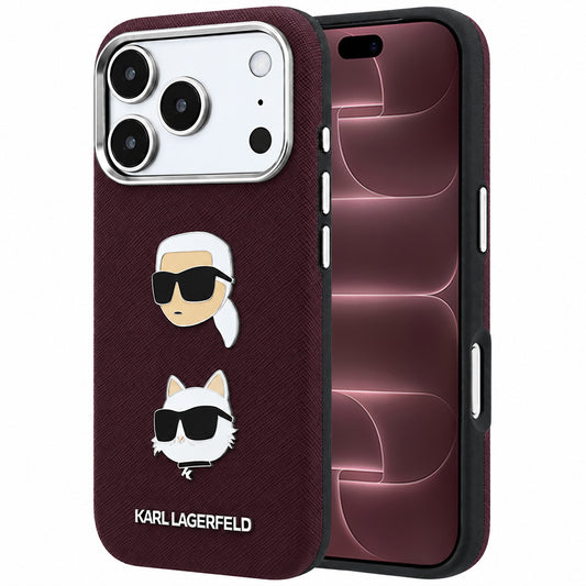 Deksel til Apple iPhone 18 Pro Max / 17 Pro Max, Karl Lagerfeld, Saffiano med Karl & Choupette-hodepin og logo, Burgunder