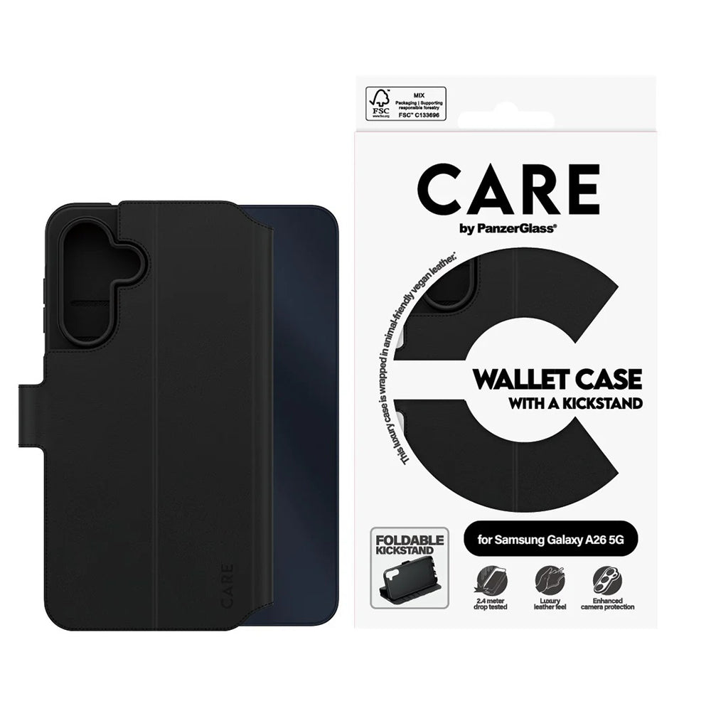 Deksel for Samsung Galaxy A26 A266, PanzerGlass, Care Feature Kickstand Wallet, Svart