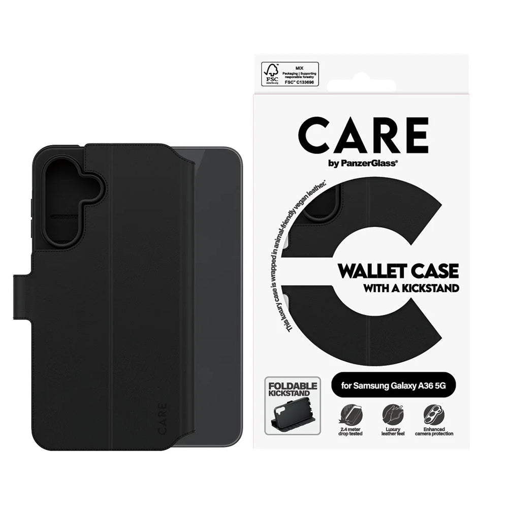 Deksel for Samsung Galaxy A36 A366, PanzerGlass, Care Feature Kickstand Wallet, Svart