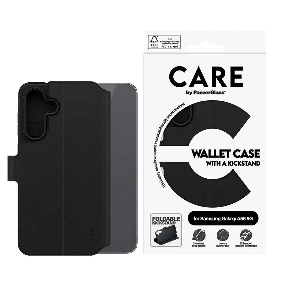 Deksel for Samsung Galaxy A56 A566, PanzerGlass, Care Feature Kickstand Wallet, Svart