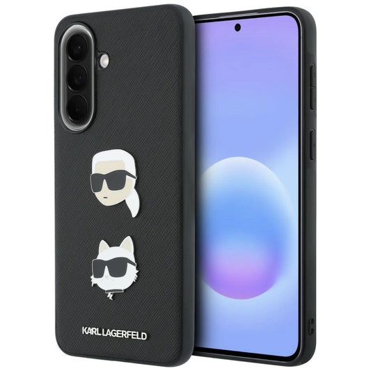 Deksel til Samsung Galaxy A57 5G, Karl Lagerfeld, Grained Karl & Choupette's Heads Pins og Logo, Svart