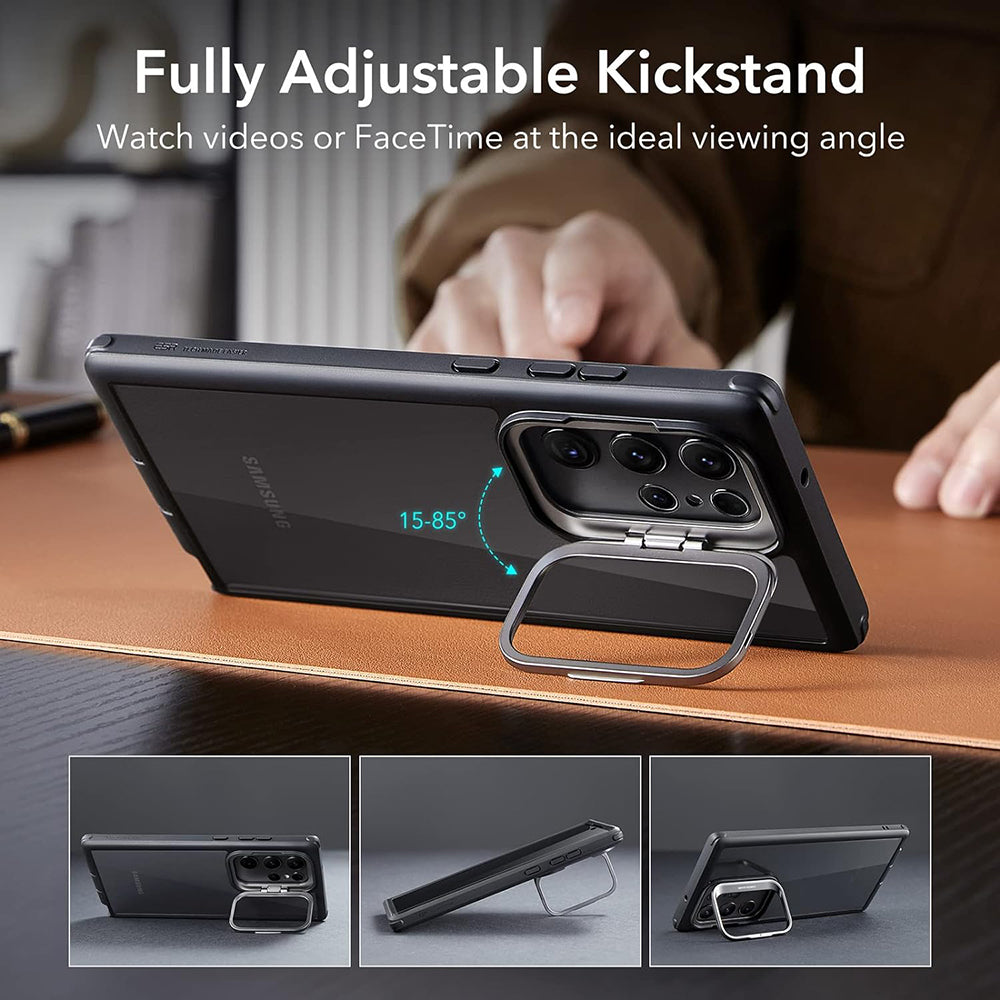 Deksel for Samsung Galaxy S23 Ultra S918, ESR, Shock Armor Kickstand, Svart Gjennomsiktig