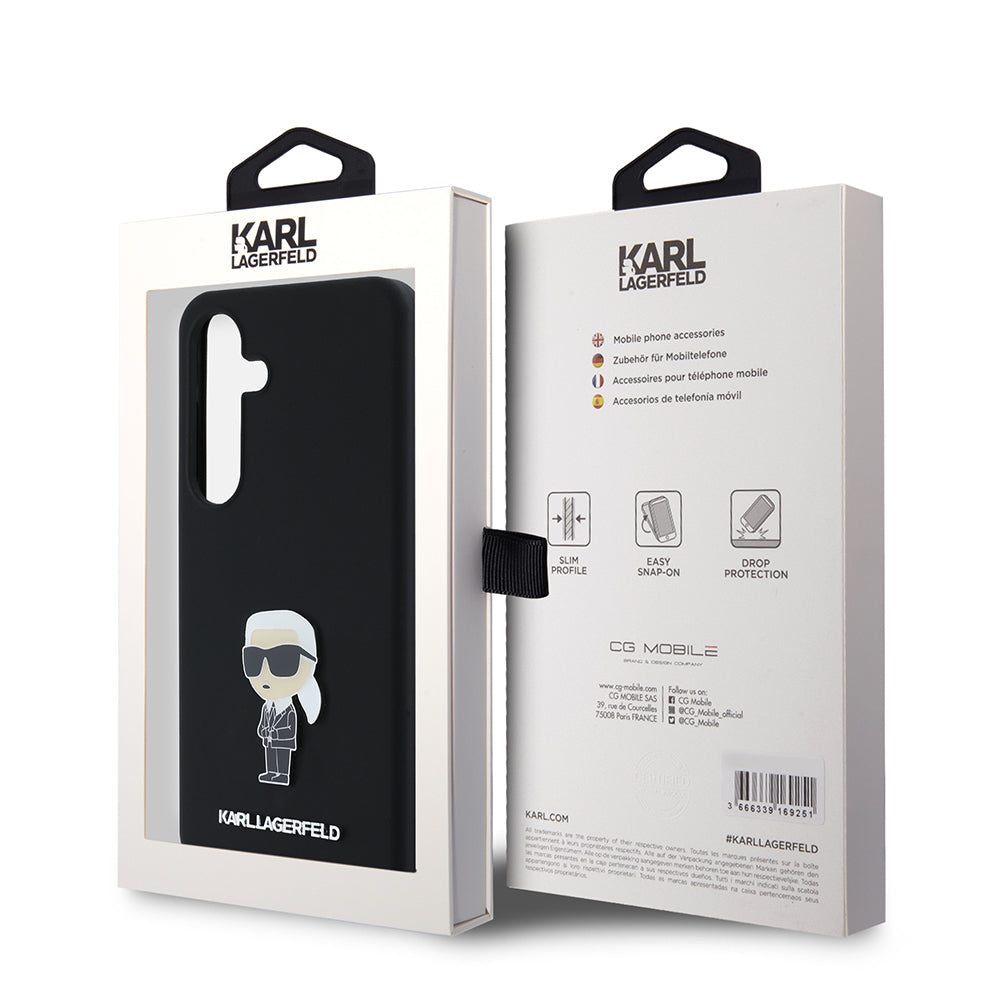 Deksel for Samsung Galaxy S24 S921, Karl Lagerfeld, Silicone Ikonik Karl Metal, Svart
