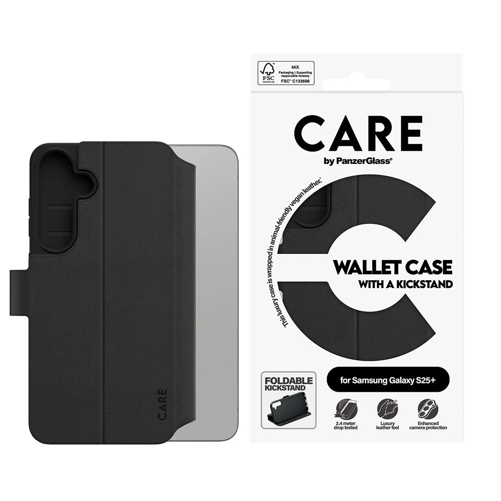 Deksel for Samsung Galaxy S25+ S936, PanzerGlass, Care Feature Kickstand Wallet, Svart