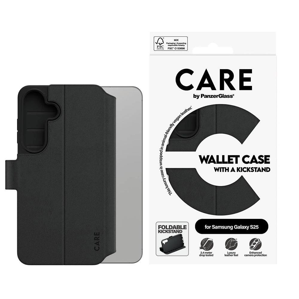 Deksel for Samsung Galaxy S25 S931, PanzerGlass, Care Feature Kickstand Wallet, Svart