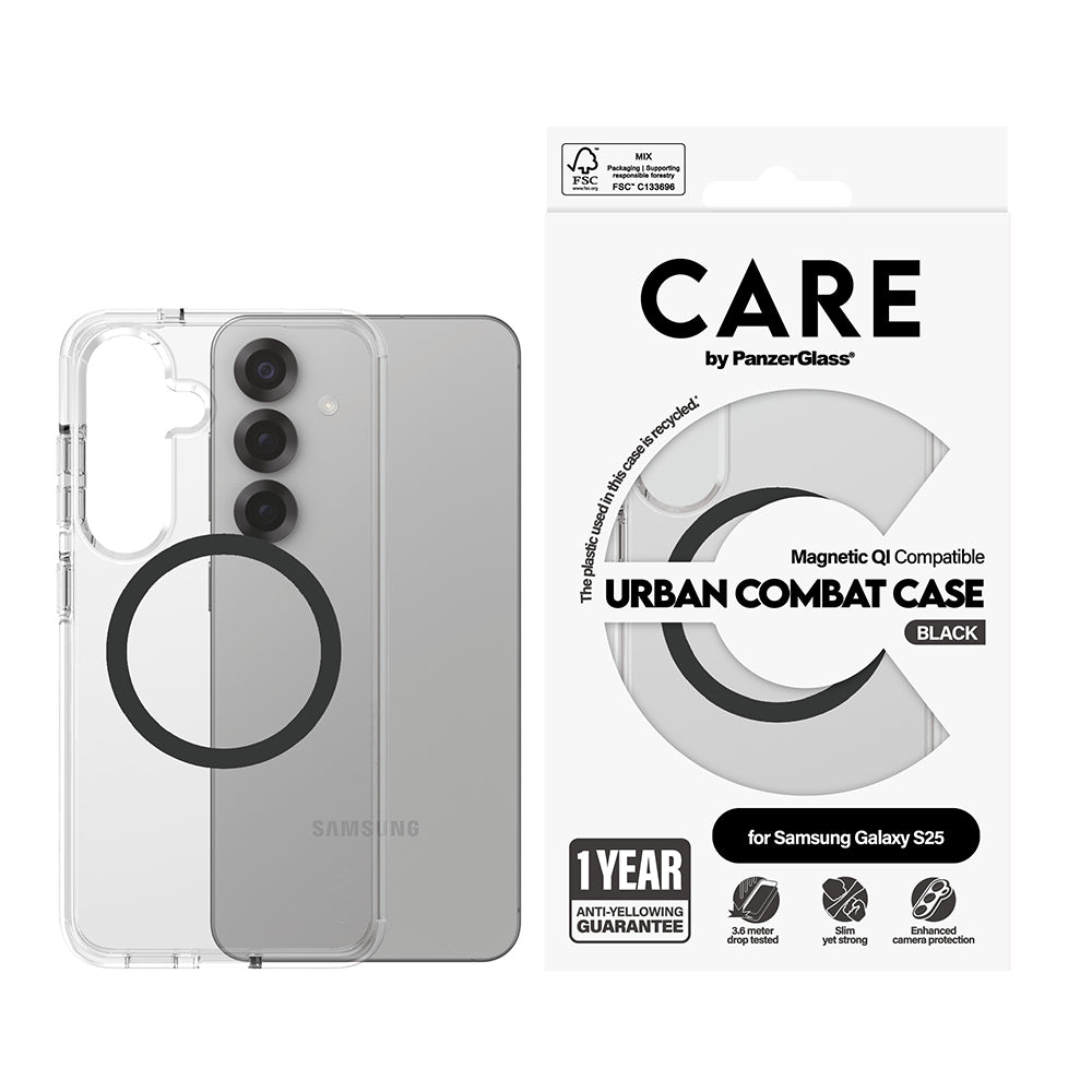 Deksel for Samsung Galaxy S25 S931, PanzerGlass, Care Urban Combat, Svart Transparent