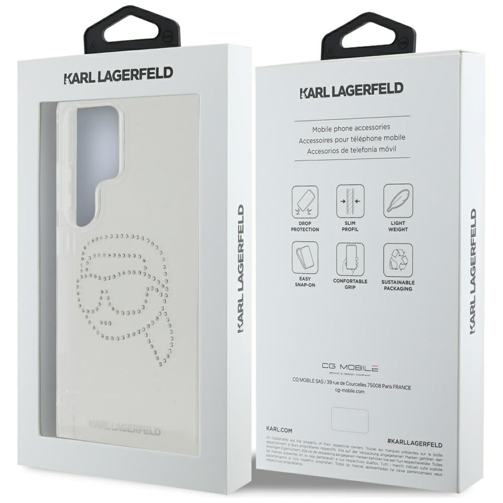 Deksel for Samsung Galaxy S25 Ultra S938, Karl Lagerfeld, IML Rhinestones Karl's Head, Gjennomsiktig
