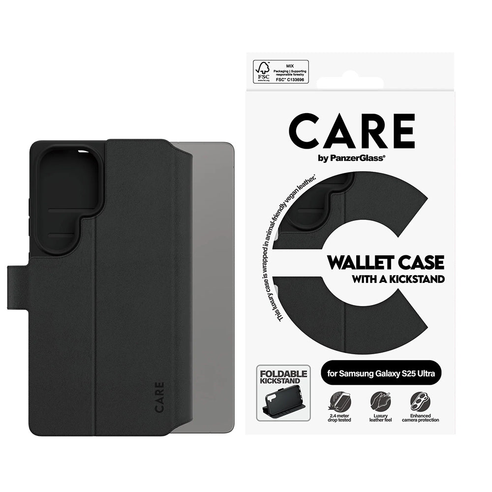 Deksel for Samsung Galaxy S25 Ultra S938, PanzerGlass, Care Feature Kickstand Wallet, Svart