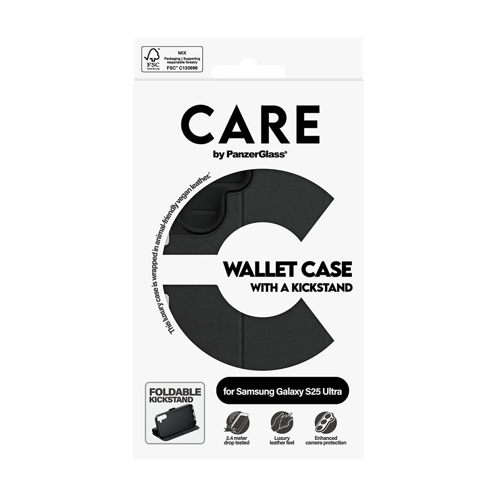 Deksel for Samsung Galaxy S25 Ultra S938, PanzerGlass, Care Feature Kickstand Wallet, Svart