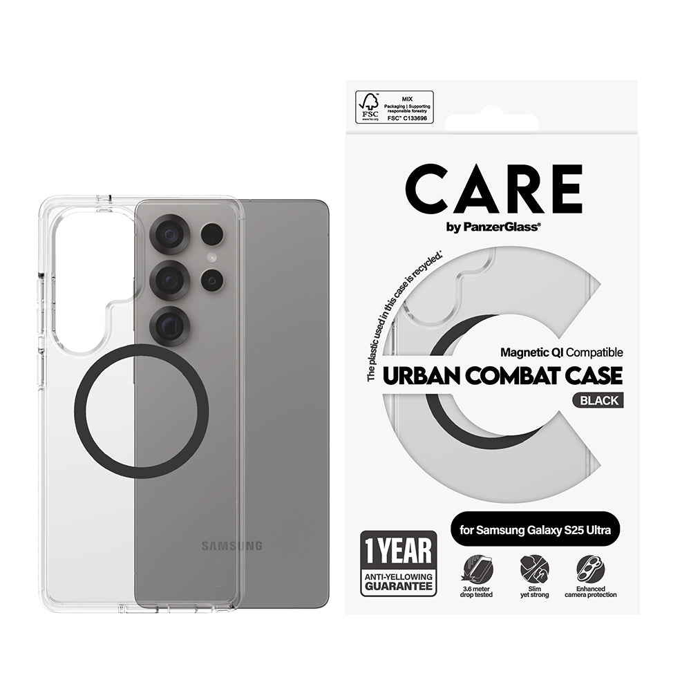Deksel for Samsung Galaxy S25 Ultra S938, PanzerGlass, Care Urban Combat, Svart Gjennomsiktig