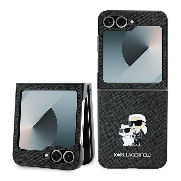 Deksel for Samsung Galaxy Z Flip7 FE F761 / Z Flip6 F741, Karl Lagerfeld, Saffiano Karl & Choupette Metal, Svart