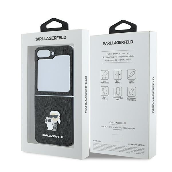 Deksel for Samsung Galaxy Z Flip7 FE F761 / Z Flip6 F741, Karl Lagerfeld, Saffiano Karl & Choupette Metal, Svart