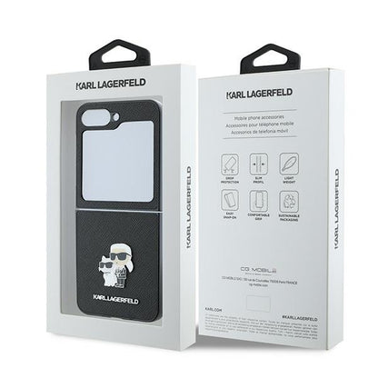 Deksel for Samsung Galaxy Z Flip7 FE F761 / Z Flip6 F741, Karl Lagerfeld, Saffiano Karl & Choupette Metal, Svart