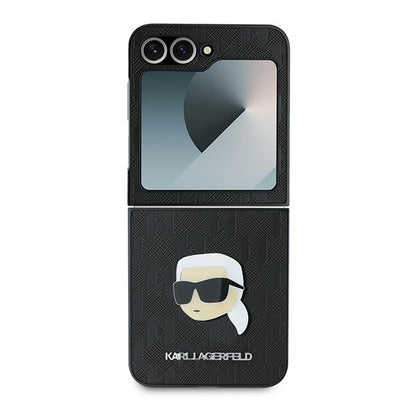 Deksel for Samsung Galaxy Z Flip7 FE F761 / Z Flip6 F741, Karl Lagerfeld, Saffiano Monogram Karl's Head Metal, Svart