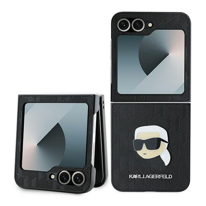 Deksel for Samsung Galaxy Z Flip7 FE F761 / Z Flip6 F741, Karl Lagerfeld, Saffiano Monogram Karl's Head Metal, Svart
