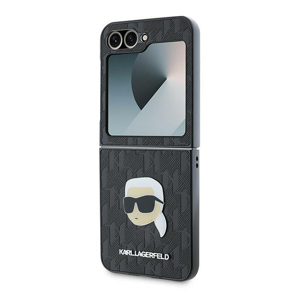 Deksel for Samsung Galaxy Z Flip7 FE F761 / Z Flip6 F741, Karl Lagerfeld, Saffiano Monogram Karl's Head Metal, Svart