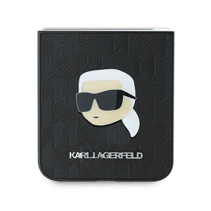 Deksel for Samsung Galaxy Z Flip7 FE F761 / Z Flip6 F741, Karl Lagerfeld, Saffiano Monogram Karl's Head Metal, Svart