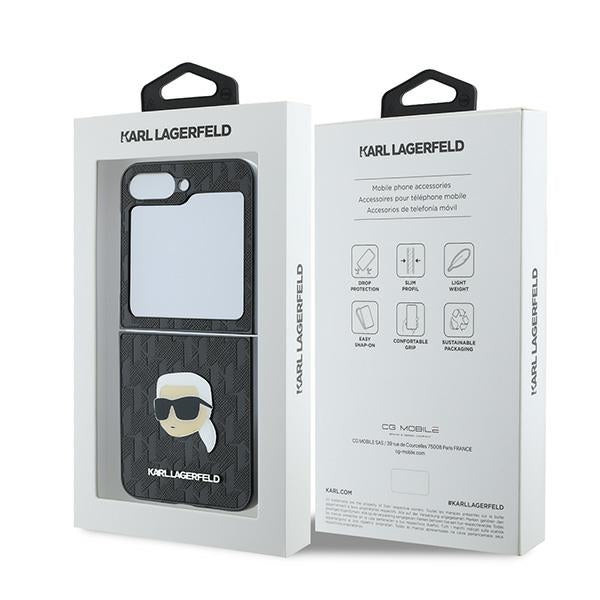 Deksel for Samsung Galaxy Z Flip7 FE F761 / Z Flip6 F741, Karl Lagerfeld, Saffiano Monogram Karl's Head Metal, Svart