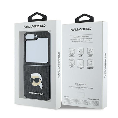 Deksel for Samsung Galaxy Z Flip7 FE F761 / Z Flip6 F741, Karl Lagerfeld, Saffiano Monogram Karl's Head Metal, Svart