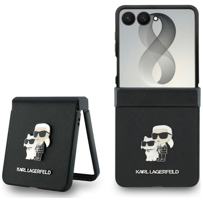 Deksel for Samsung Galaxy Z Flip8 F776, Karl Lagerfeld, Saffiano Karl & Choupette Metallpin, Svart