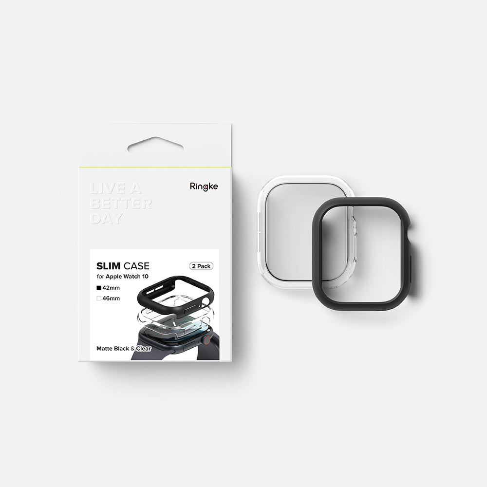 Ringke Slim deksel for Apple Watch Series 10 / 11 46mm, Sett med 2 stk, Matt svart / Transparent