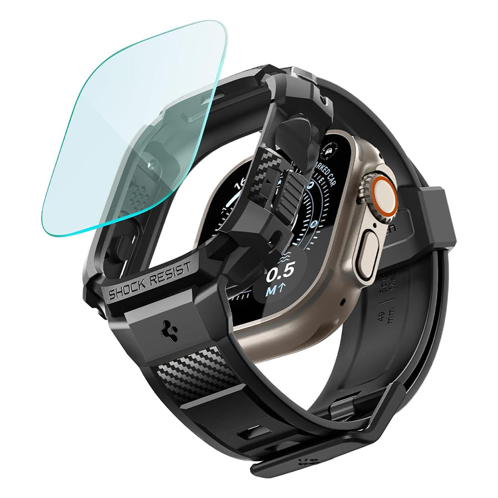Spigen Rugged Armor Pro-deksel med skjermbeskytter for Apple Watch Ultra-serien, svart ACS12053