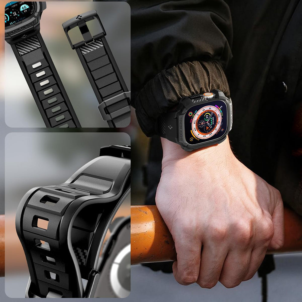 Spigen Rugged Armor Pro-deksel med skjermbeskytter for Apple Watch Ultra-serien, svart ACS12053