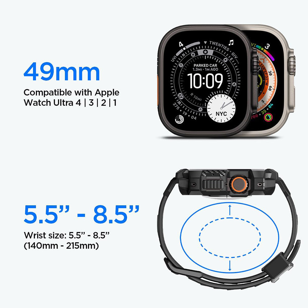 Spigen Rugged Armor Pro-deksel med skjermbeskytter for Apple Watch Ultra-serien, svart ACS12053