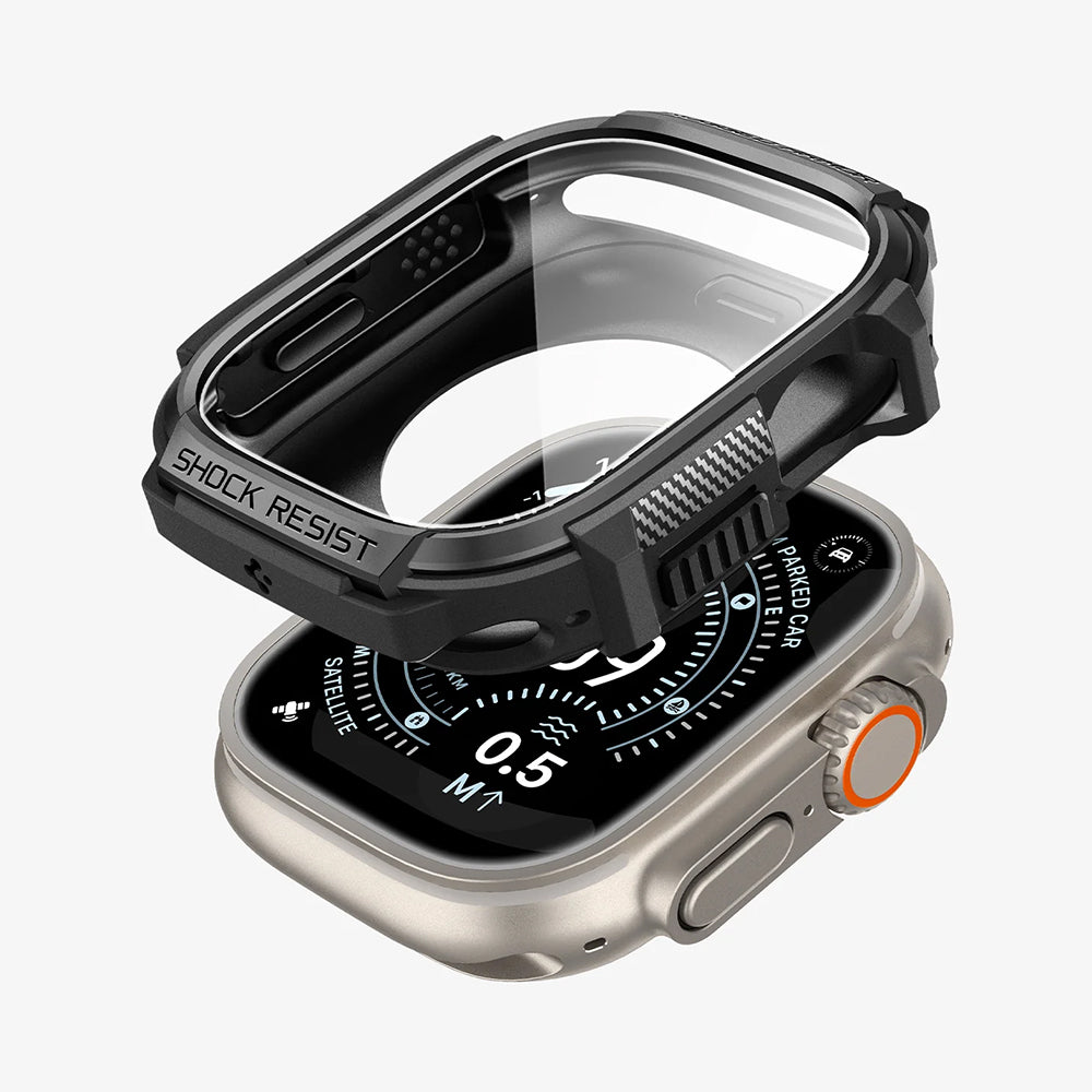 Spigen Rugged Armor deksel med skjermbeskytter for Apple Watch Ultra Series, svart ACS11414