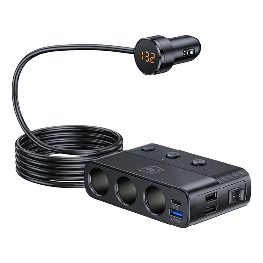 Bilader 3MK Power Splitter, 120W, 3A, 3 x USB-A - 1 x USB-C - 3 x Sigarettennerforlenger, Svart