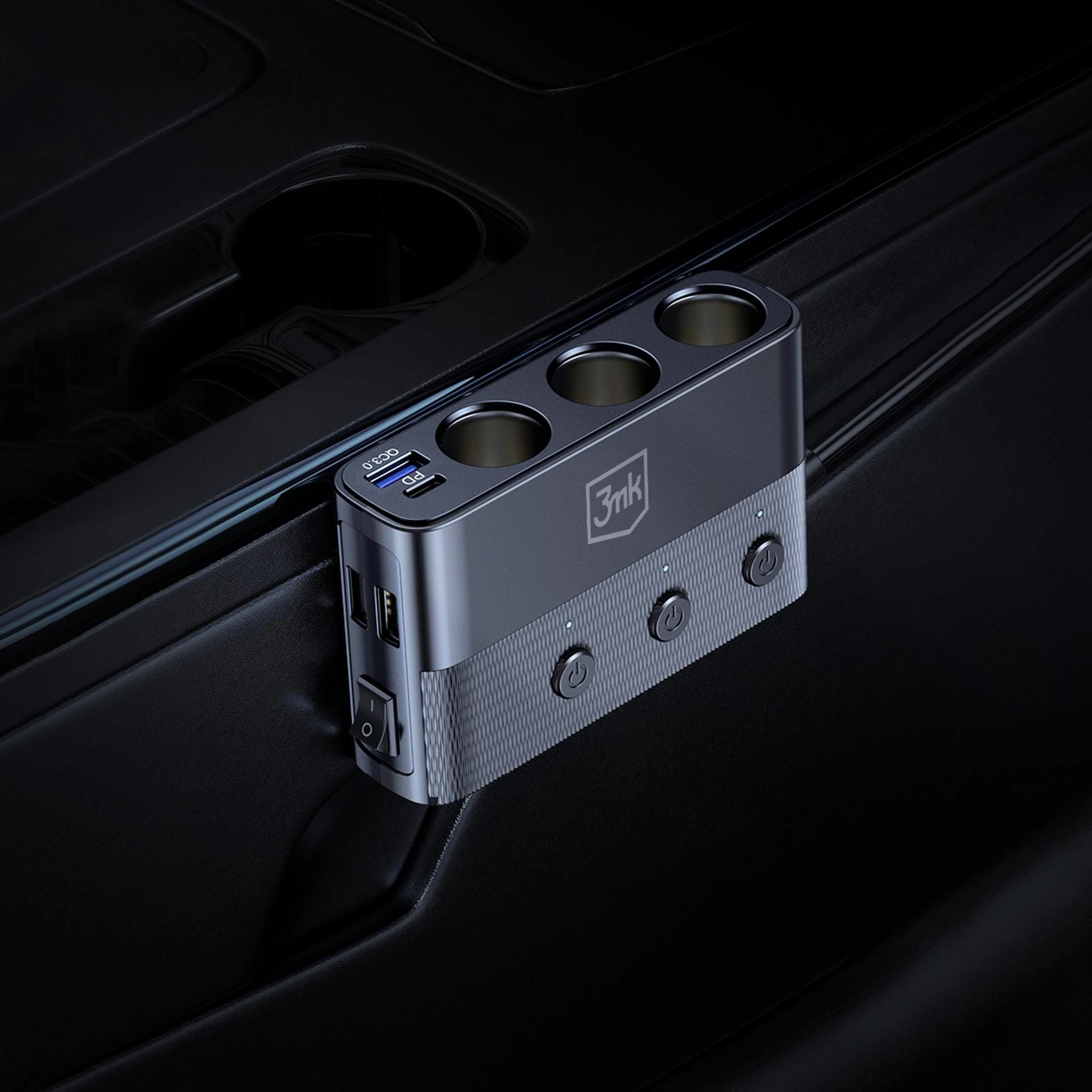 Bilader 3MK Power Splitter, 120W, 3A, 3 x USB-A - 1 x USB-C - 3 x Sigarettennerforlenger, Svart