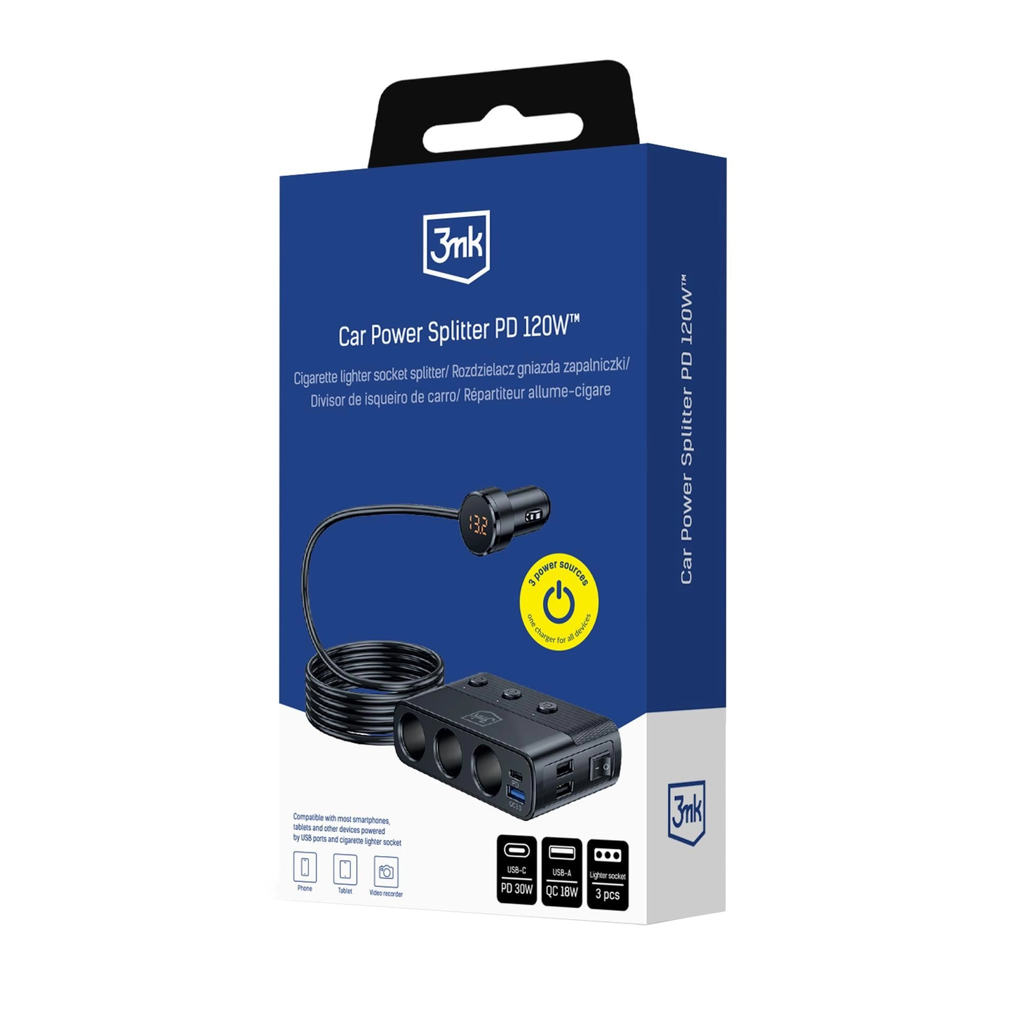 Bilader 3MK Power Splitter, 120W, 3A, 3 x USB-A - 1 x USB-C - 3 x Sigarettennerforlenger, Svart