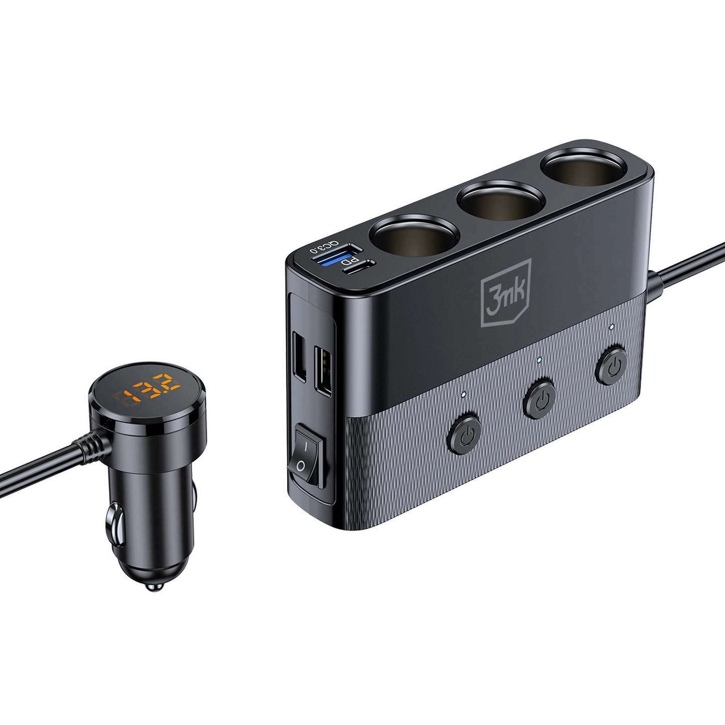Bilader 3MK Power Splitter, 120W, 3A, 3 x USB-A - 1 x USB-C - 3 x Sigarettennerforlenger, Svart