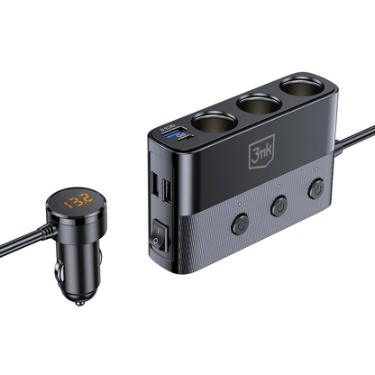 Bilader 3MK Power Splitter, 120W, 3A, 3 x USB-A - 1 x USB-C - 3 x Sigarettennerforlenger, Svart