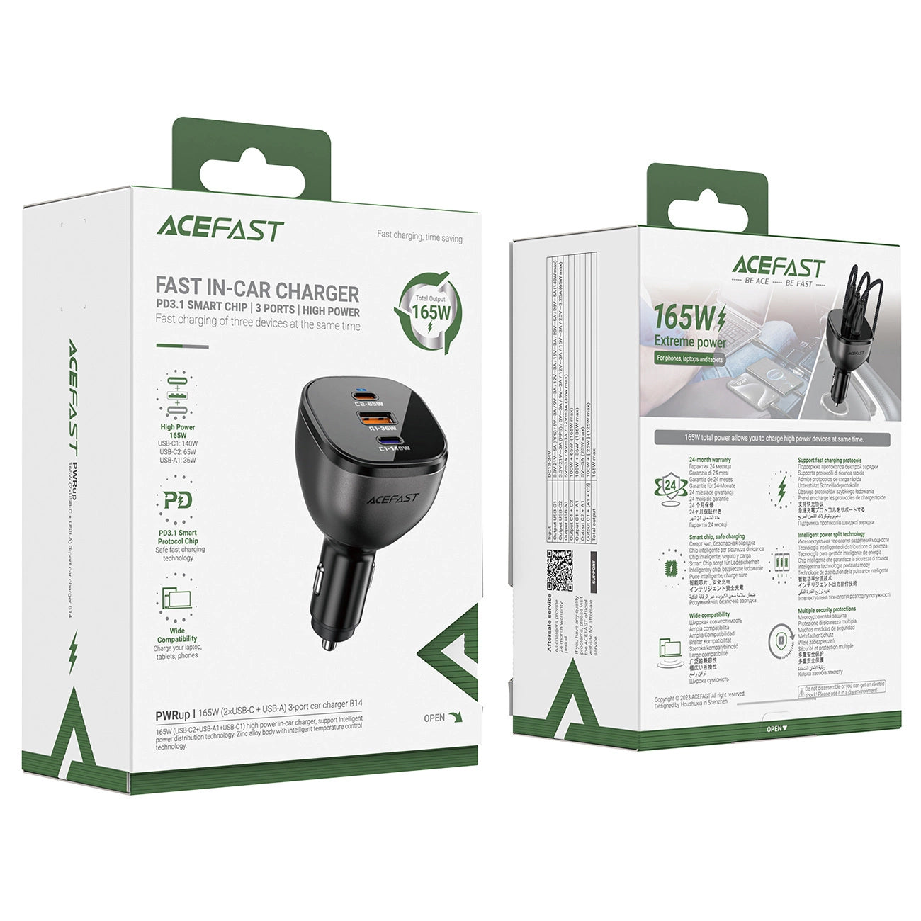 Bilader Acefast B14, 165W, 5A, 1 x USB-A - 2 x USB-C, Svart