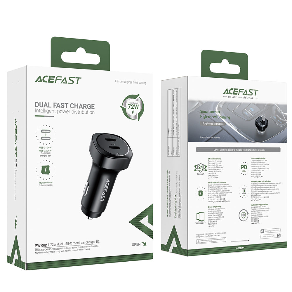 Bilader Acefast B2, 72W, 3A, 2 x USB-C, Svart