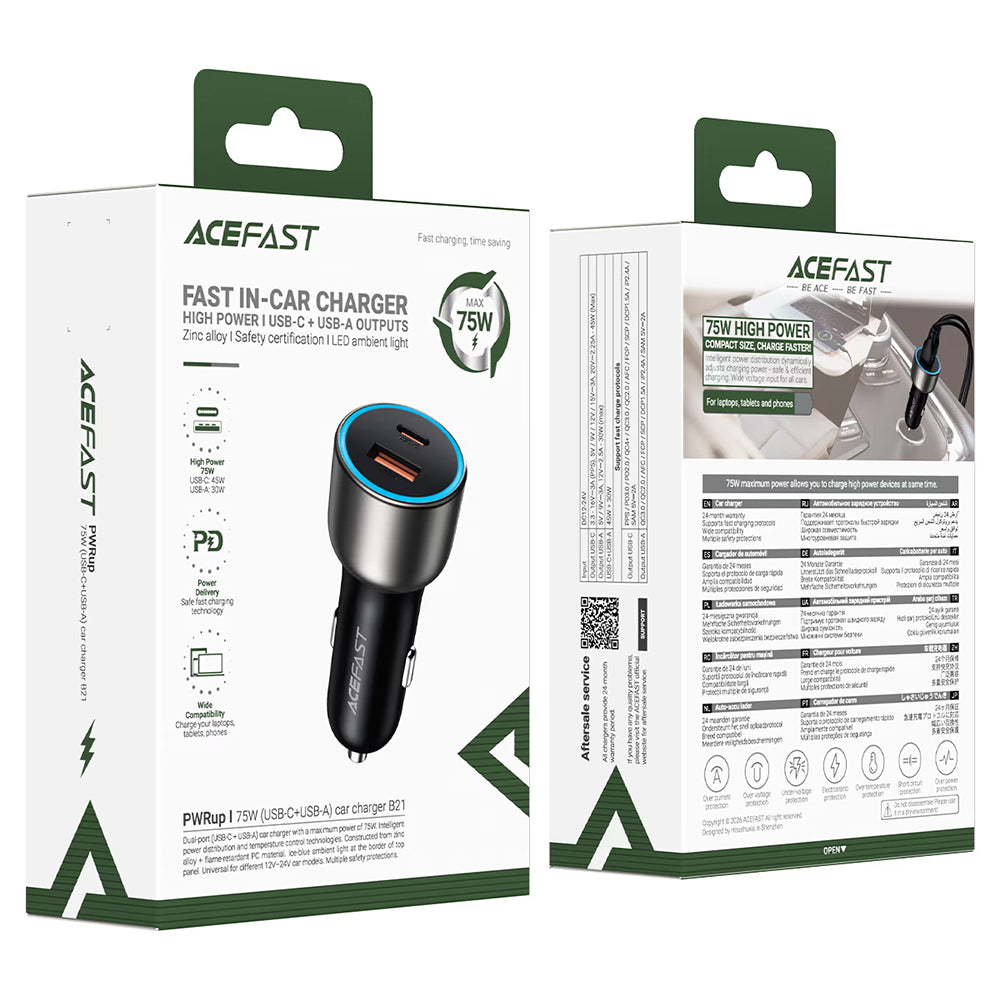 Acefast B21 billader, 75W, 3A, 1 x USB-A - 1 x USB-C, grå