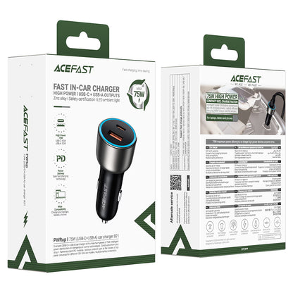 Acefast B21 billader, 75W, 3A, 1 x USB-A - 1 x USB-C, grå