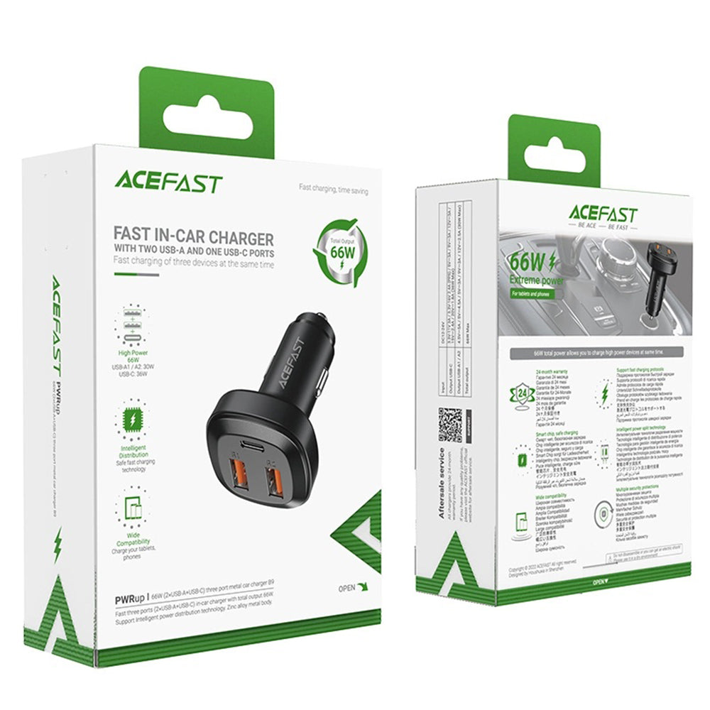 Acefast B9 billader, 66W, 5A, 2 x USB-A - 1 x USB-C, Svart