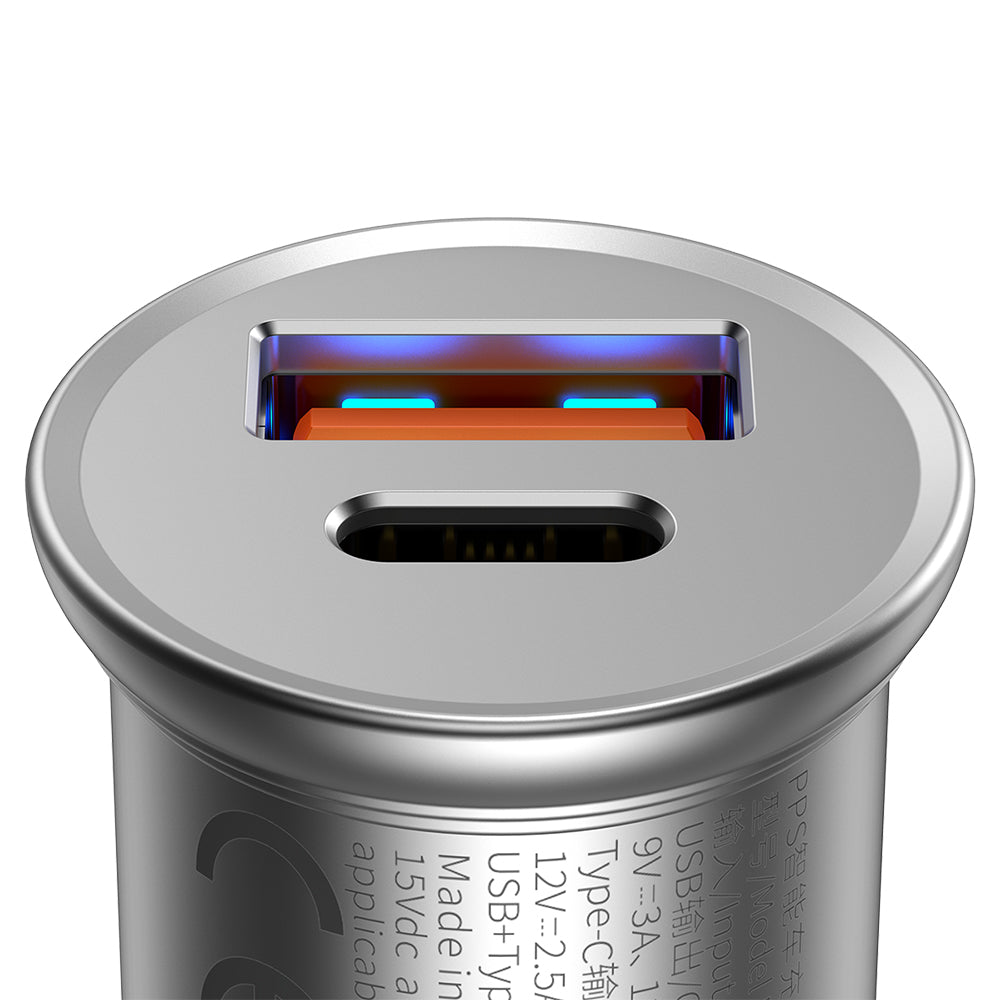 Bilader Baseus Circular Metal, 30W, 5A, 1 x USB-A - 1 x USB-C, Grå