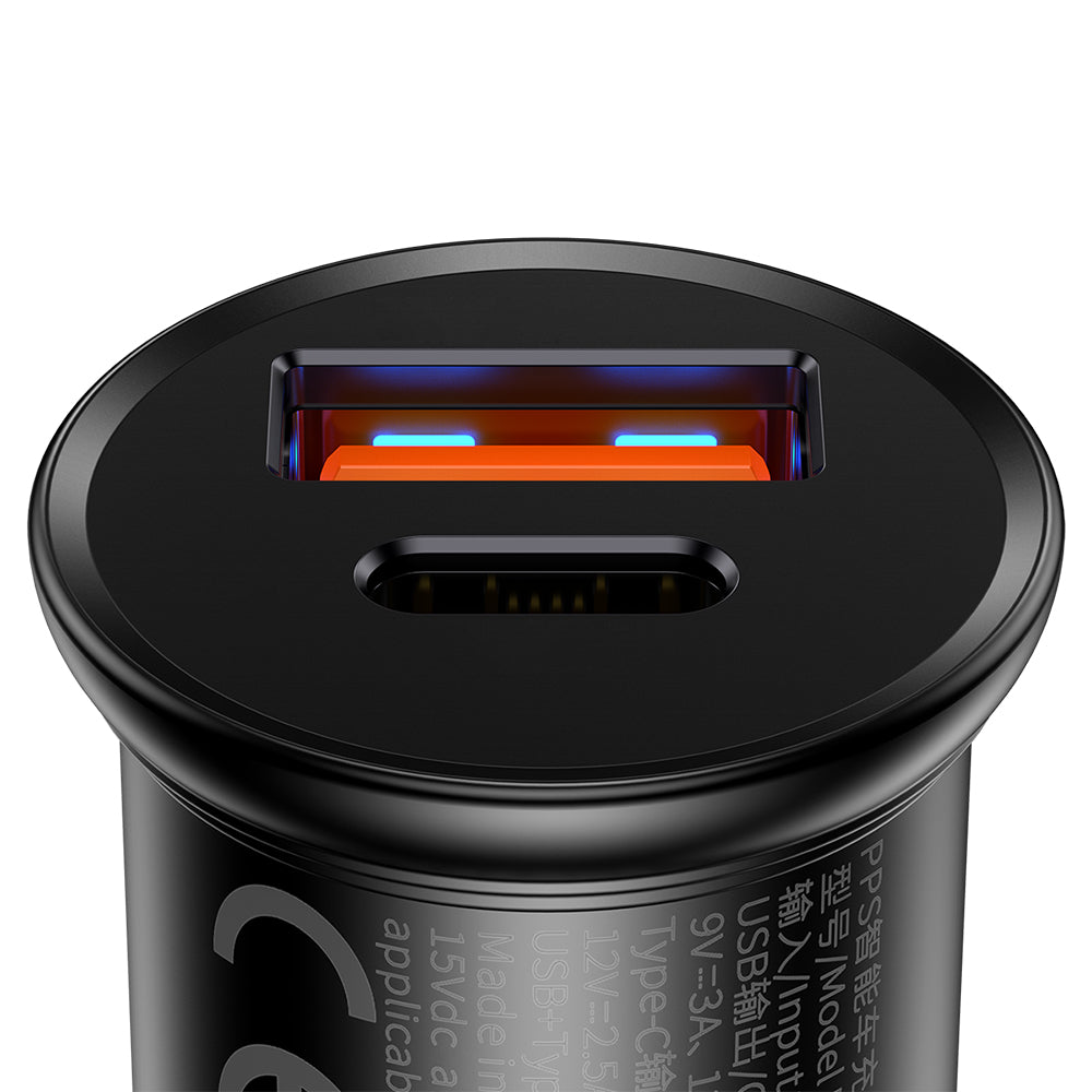 Baseus Circular Metal billader, 30W, 5A, 1 x USB-A - 1 x USB-C, Svart