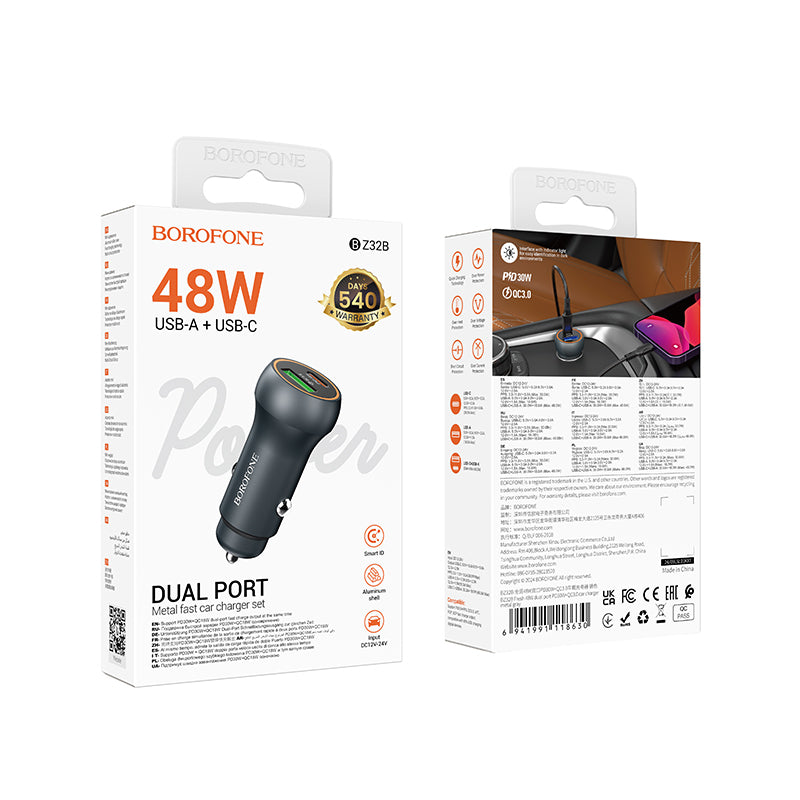 Bilader Borofone BZ32B Fresh, 48W, 3A, 1 x USB-A - 1 x USB-C, Grå